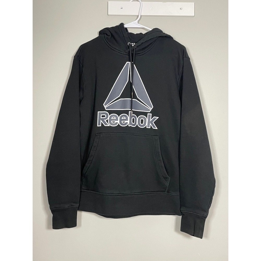 Reebok Hoodie Mens Small Black Excellent Graphic Logo Pullover Sweatshirt